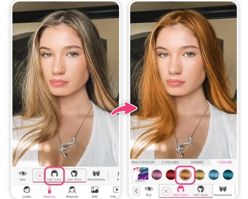 application de couleur de cheveux youcam makeup