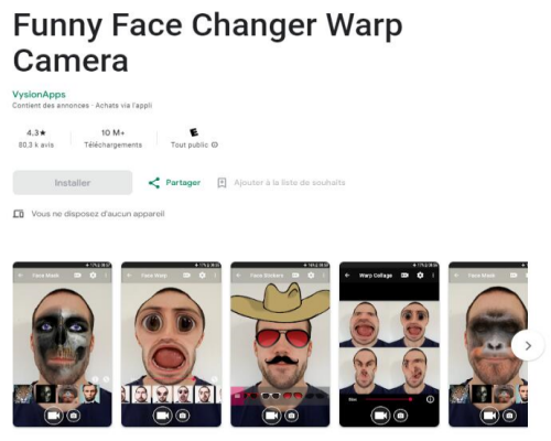 application rigolote visage Funny Face Changer Warp Camera