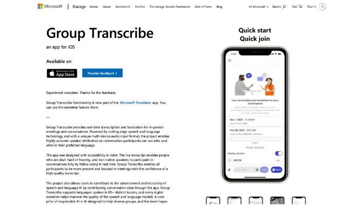 application sourd malentendant microsoft group transcribe