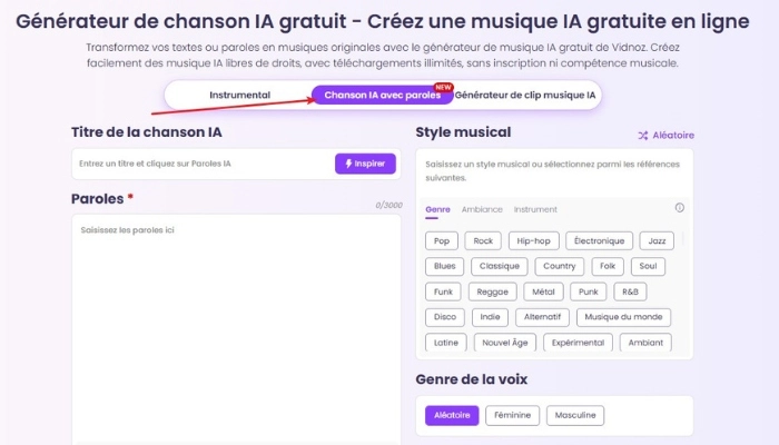 choisir vidnoz ai pour generer musique ia avec paroles​