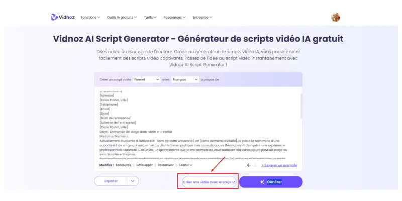 cliquez sur creer video script