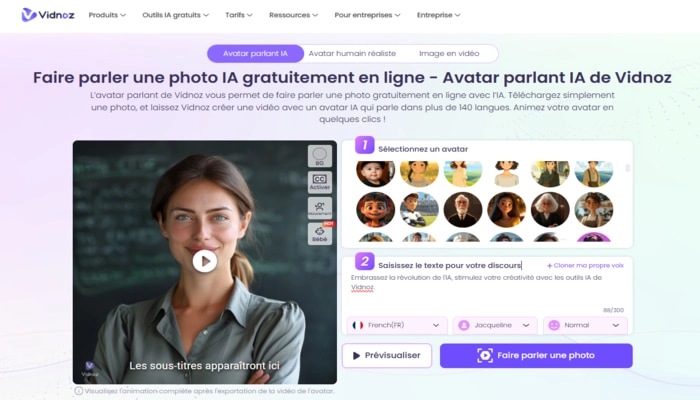 faire parler une photo IA avatar parlant de Vidnoz