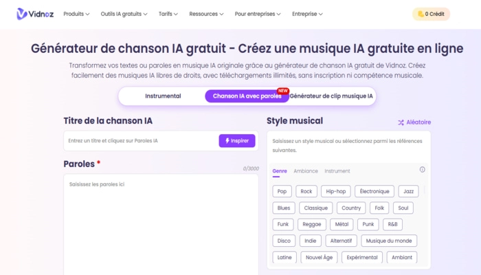 generateur de chanson ia gratuit de Vidnoz