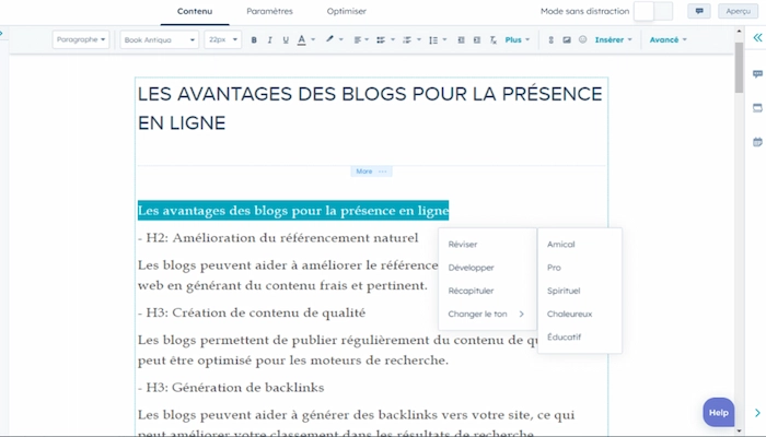 hubspot ia pour reformuler un texte