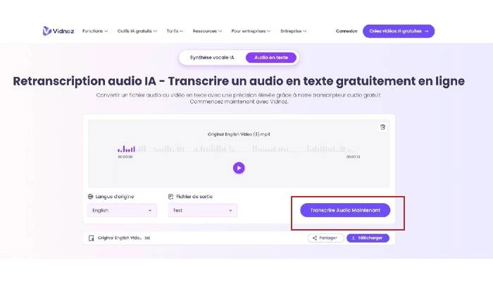 podcast en francais avec transcription vidnoz