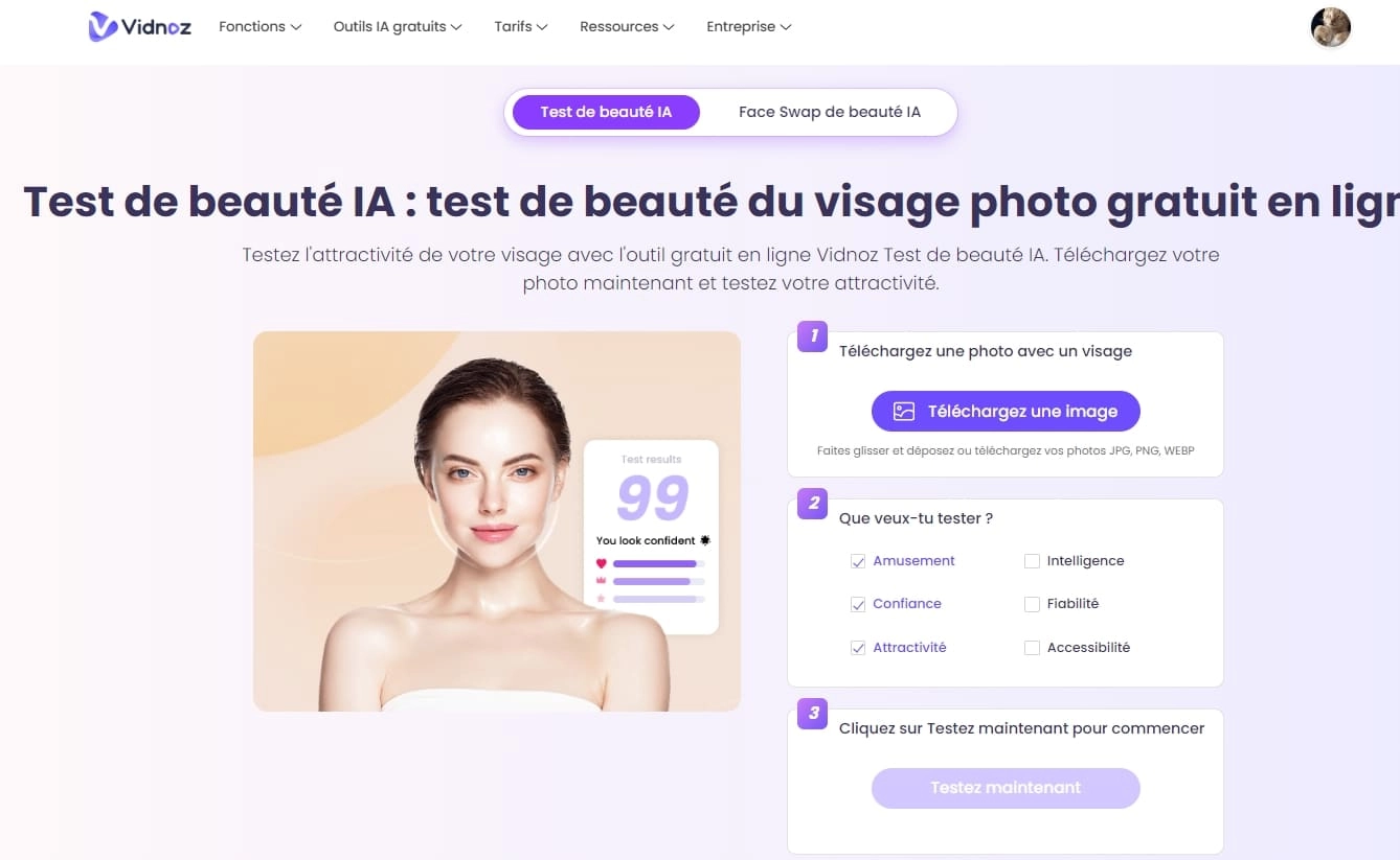 test de forme visage avec test de beaute ia vidnoz