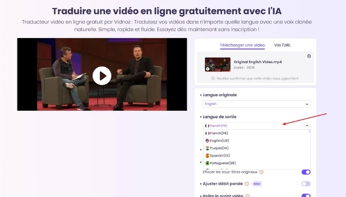 traduire une video youtube avec vidnoz ai