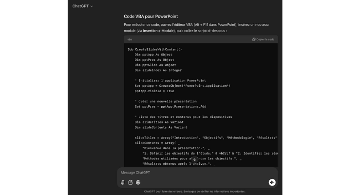 transformer la presentation en code vba dans chatgpt