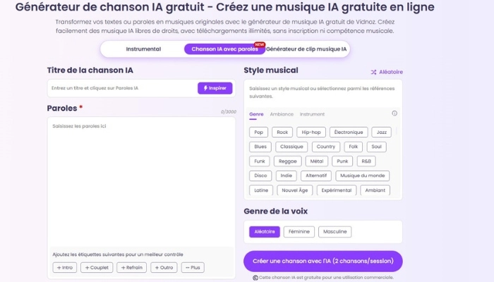 vidnoz ai genere musique ia avec paroles​