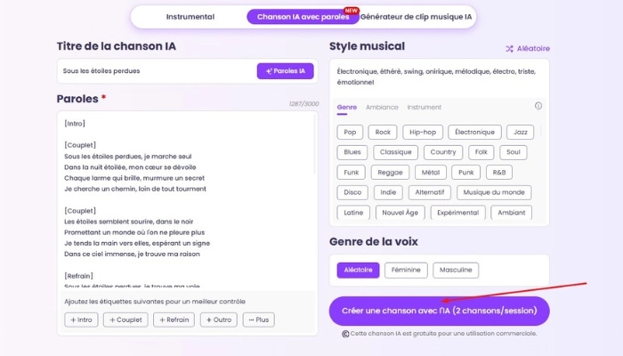 vidnoz ai pour generer musique ia avec paroles​