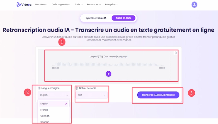 vidnoz ia retranscription audio etape