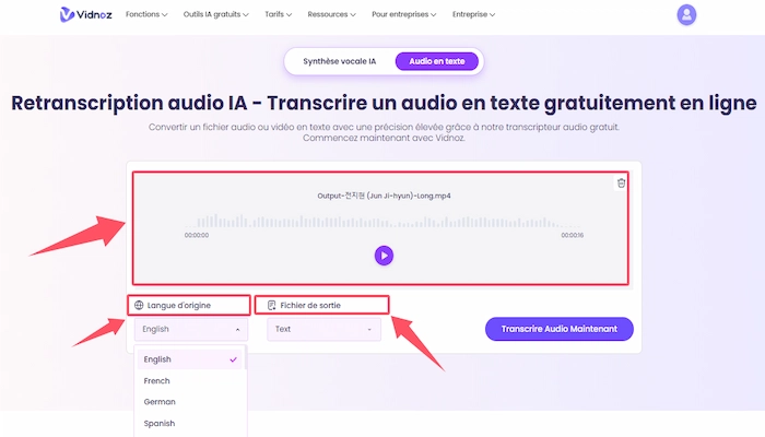 vidnoz transcription audio en texte etape