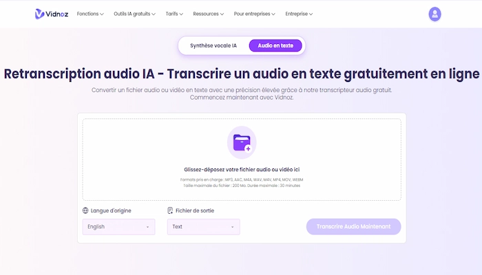 vidnoz transcription audio en texte word gratuit